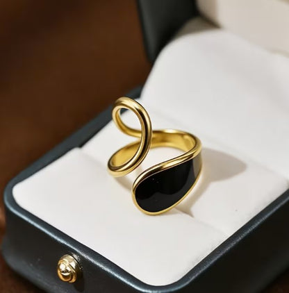 Gold & Black Enamel Swirl Open Ring